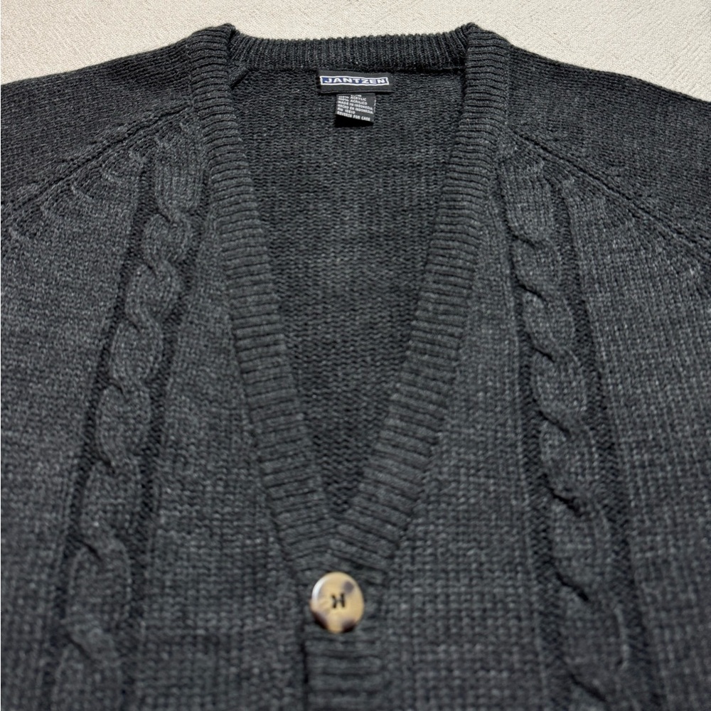VTG 90s Jantzen Men’s Grey Cable Knit Vneck Cardigan Sweater L - Picture 6 of 7